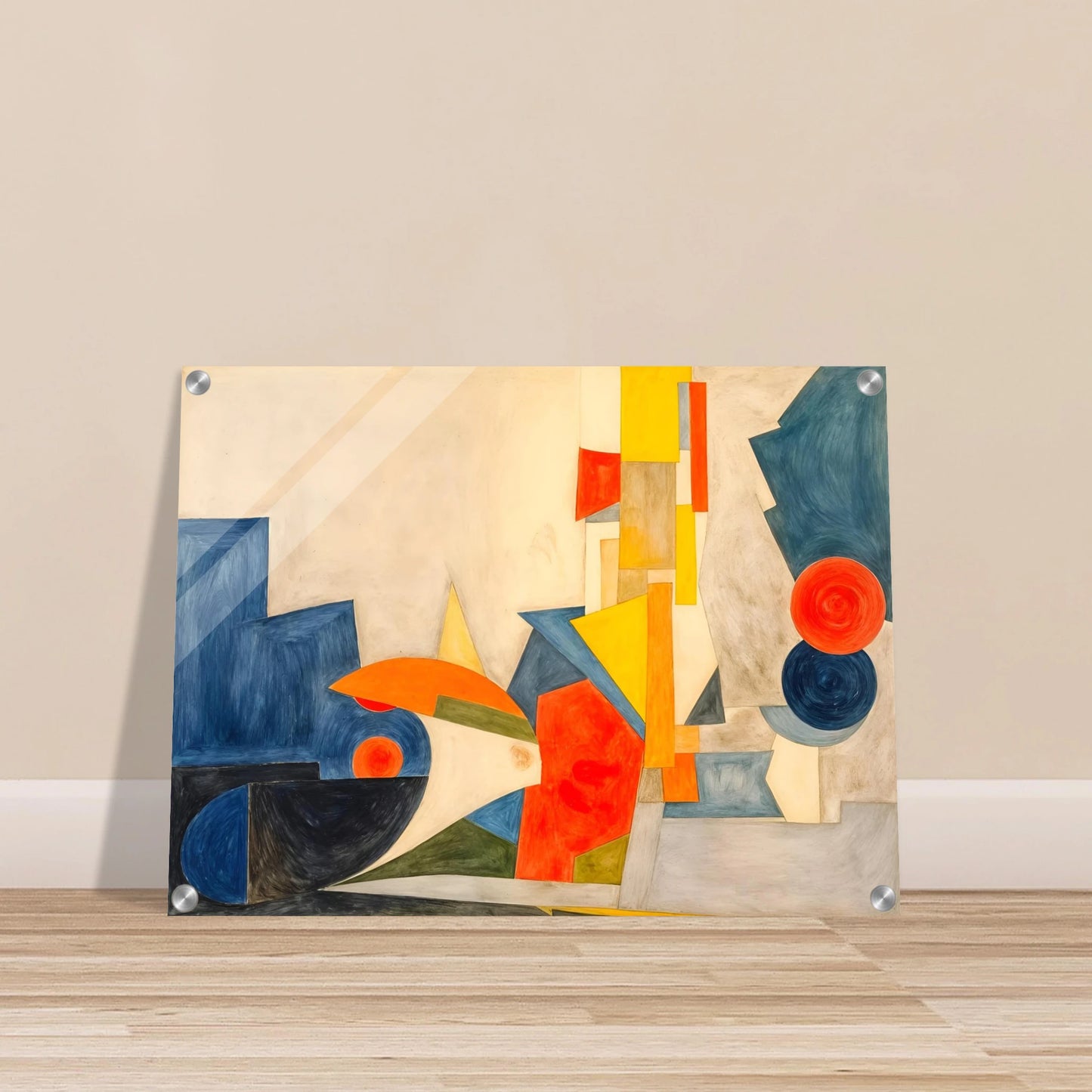 Dynamic geometric forms in blue, orange, and yellow intersect across a cream canvas, suggesting rhythm, motion, and light.