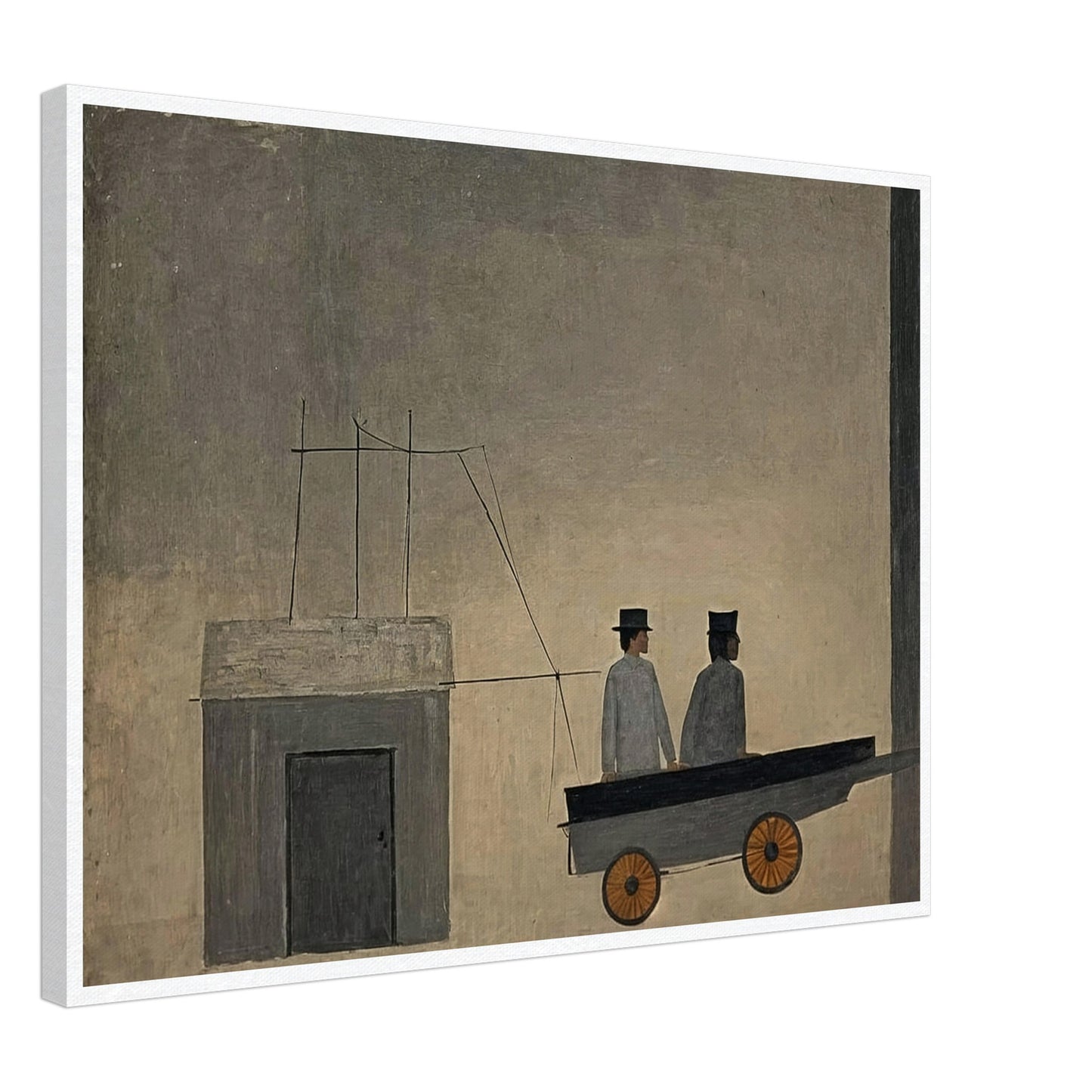 A minimalistic painting depicting two figures in a cart with orange wheels, set against a muted, textured background, creating a sense of mystery.