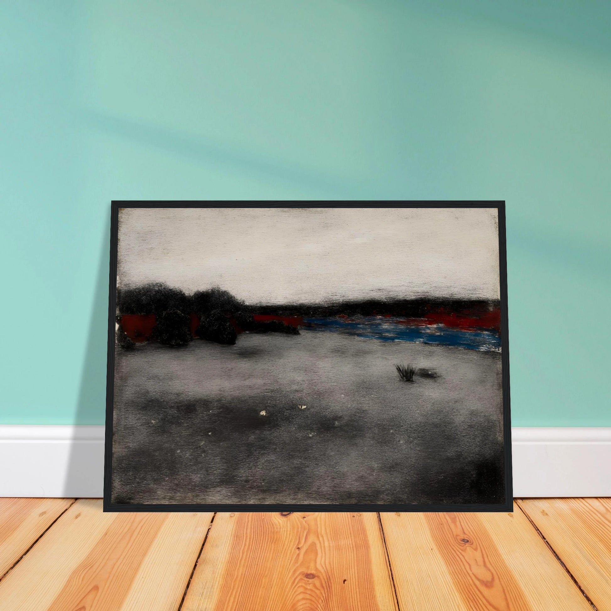 Gray marshland stretches beneath a pale sky, with dark trees and blue water along the horizon.