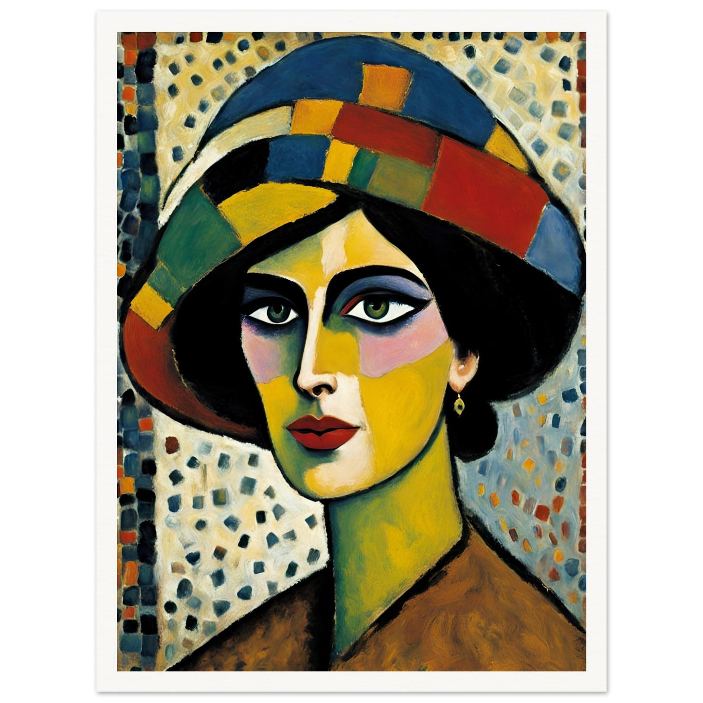 A striking portrait of a woman with bold, colorful facial features, wearing a patchwork hat against a textured mosaic background.