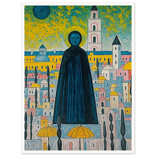 A vibrant painting featuring a towering, cloaked figure with a halo standing amidst a colorful, stylized cityscape under a surreal sky.