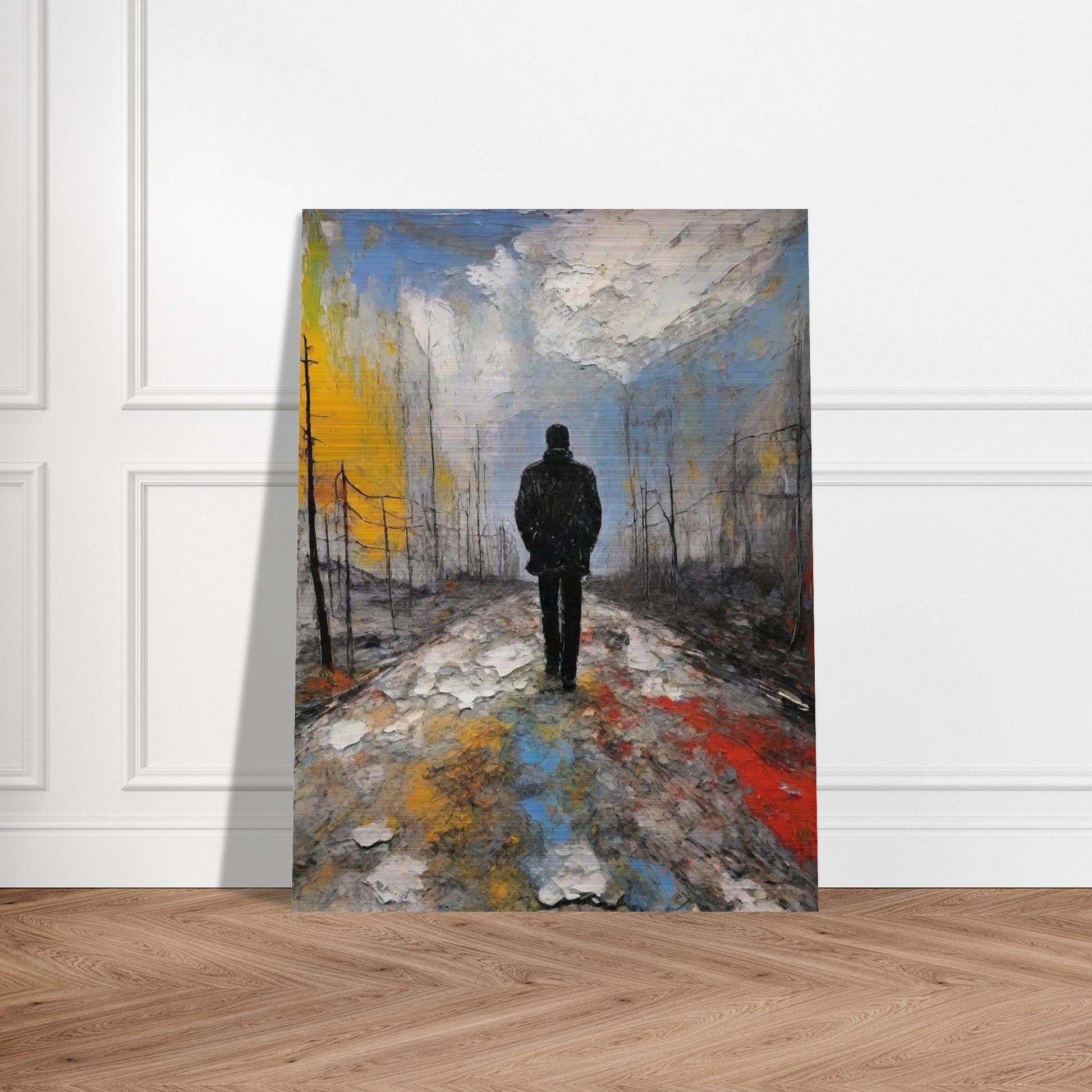 A lone figure in a dark coat walks along a desolate, colorful path under a cloudy sky, evoking a sense of solitude and reflection.