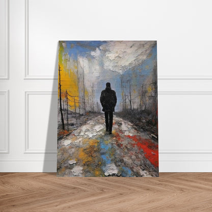 A lone figure in a dark coat walks along a desolate, colorful path under a cloudy sky, evoking a sense of solitude and reflection.