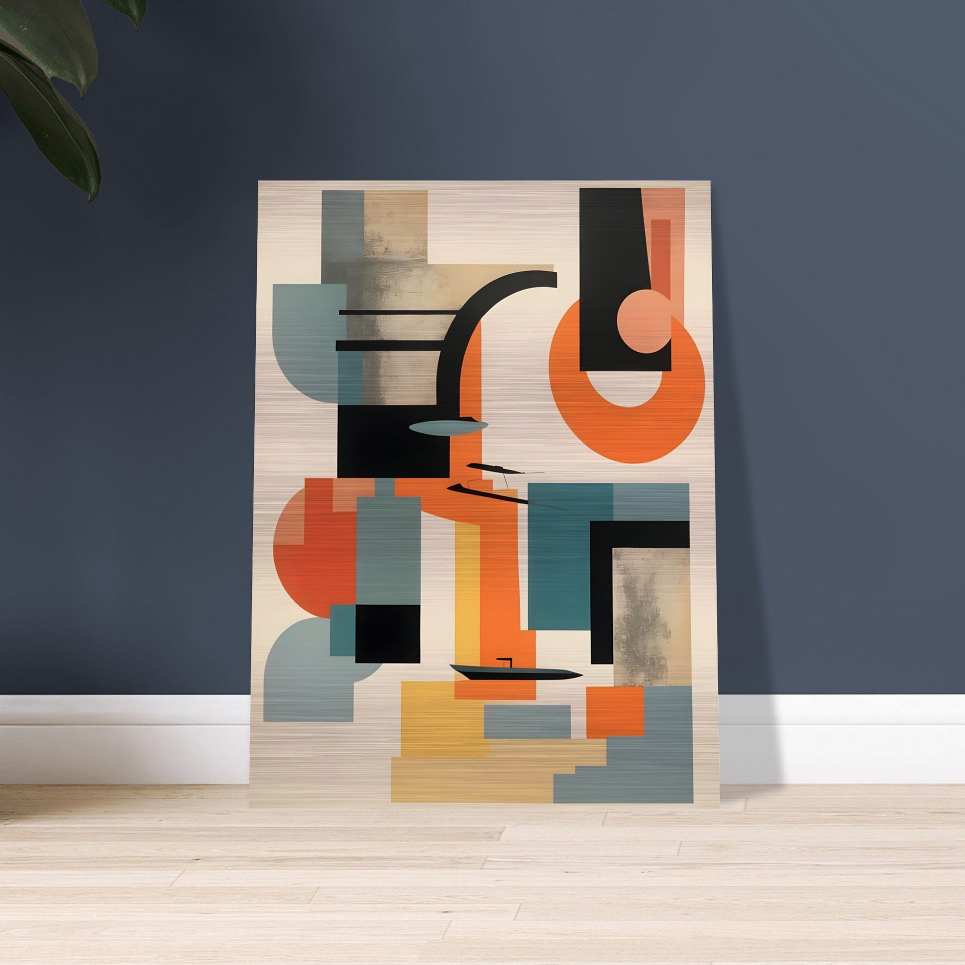 A geometric abstract painting featuring bold shapes in teal, orange, black, and beige, with intersecting lines and modern design elements.