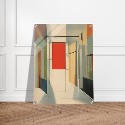 An abstract artwork featuring geometric shapes forming a modern corridor with a prominent red panel at the center, surrounded by muted tones of beige, green, and orange.