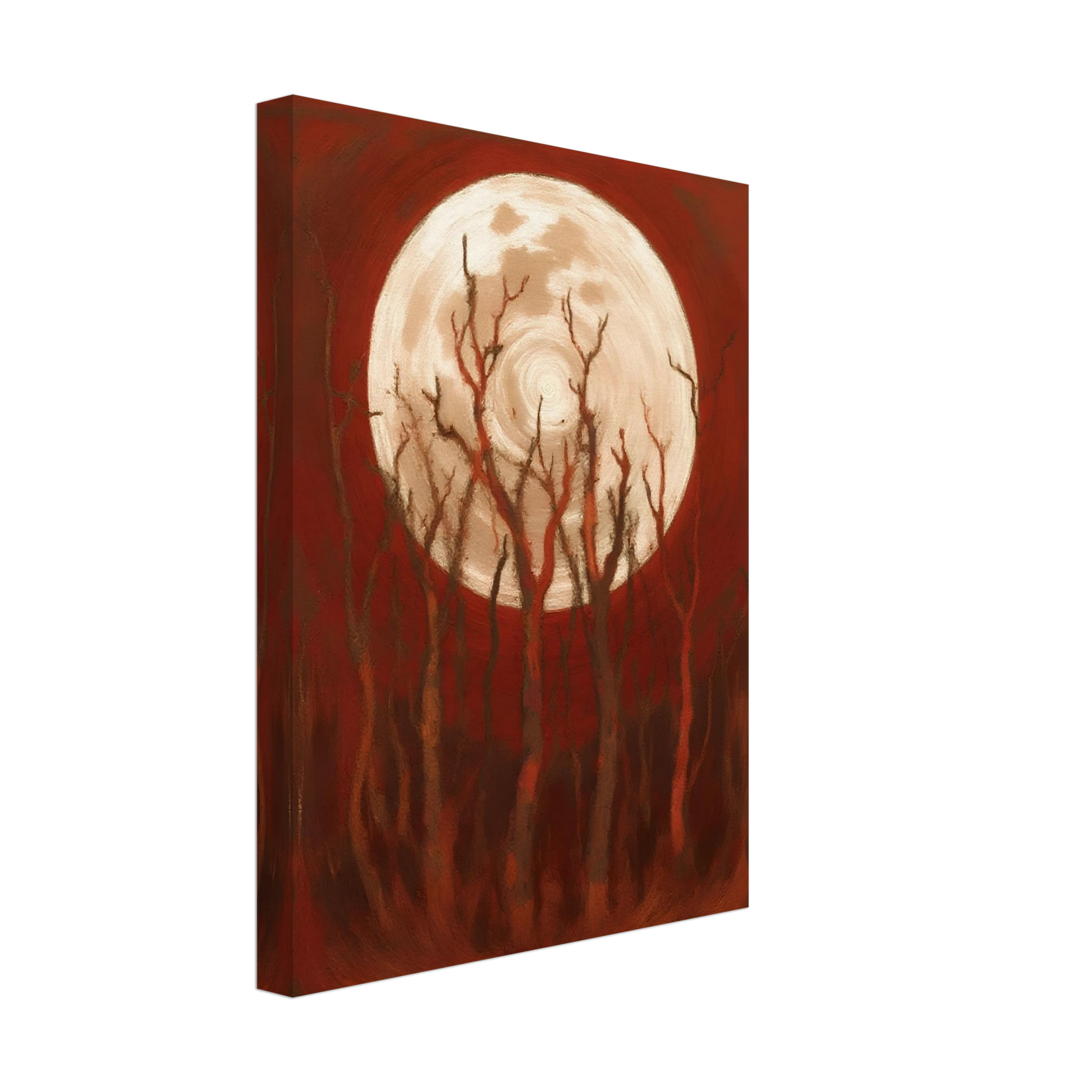 A glowing full moon rises behind twisted, leafless trees against a deep crimson sky, casting an eerie yet powerful atmosphere.