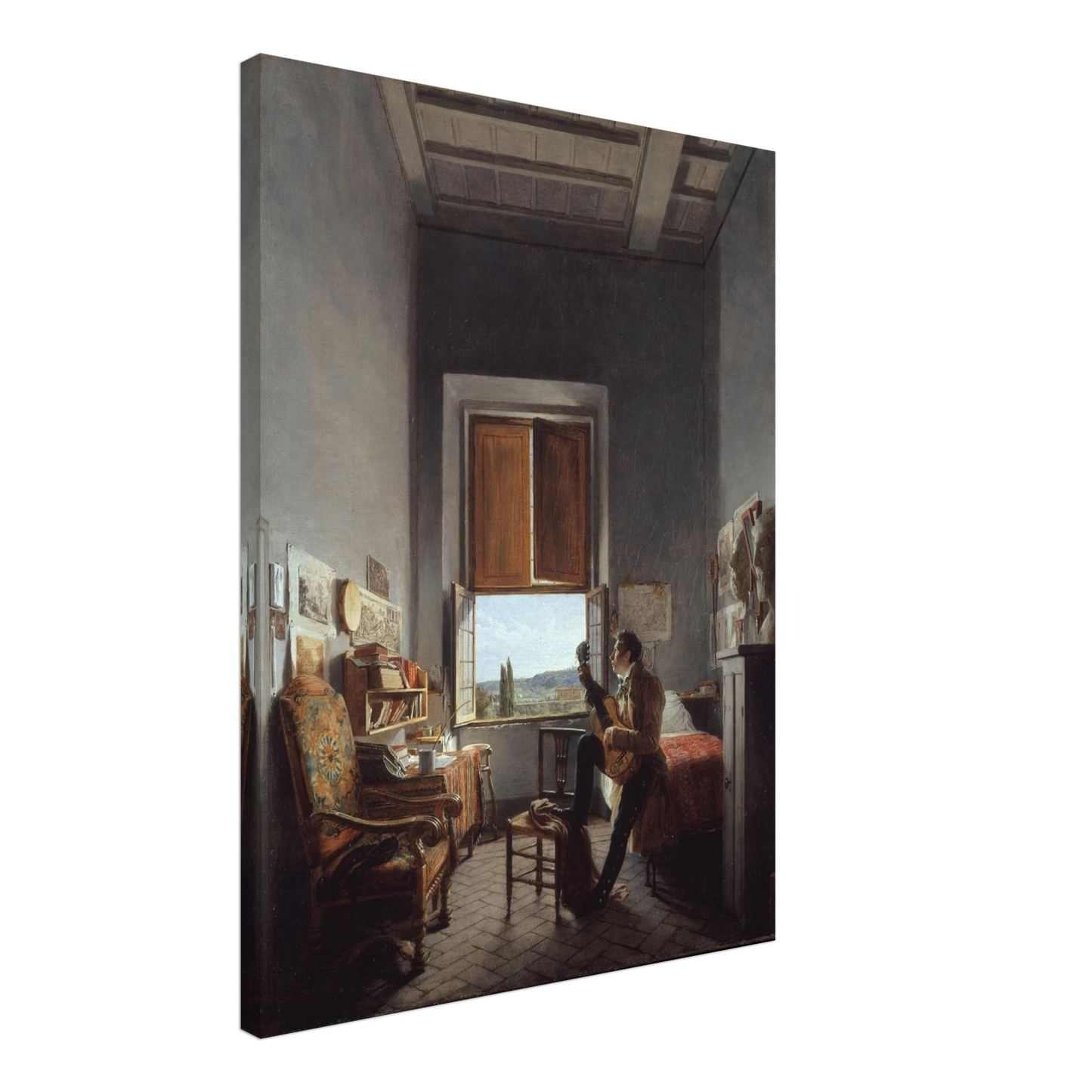 Artist plays guitar in a sunlit Villa Medici room overlooking the Roman countryside