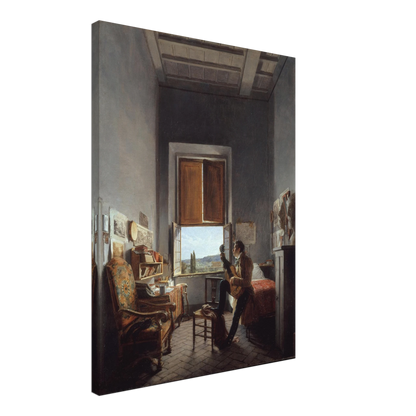 Artist plays guitar in a sunlit Villa Medici room overlooking the Roman countryside