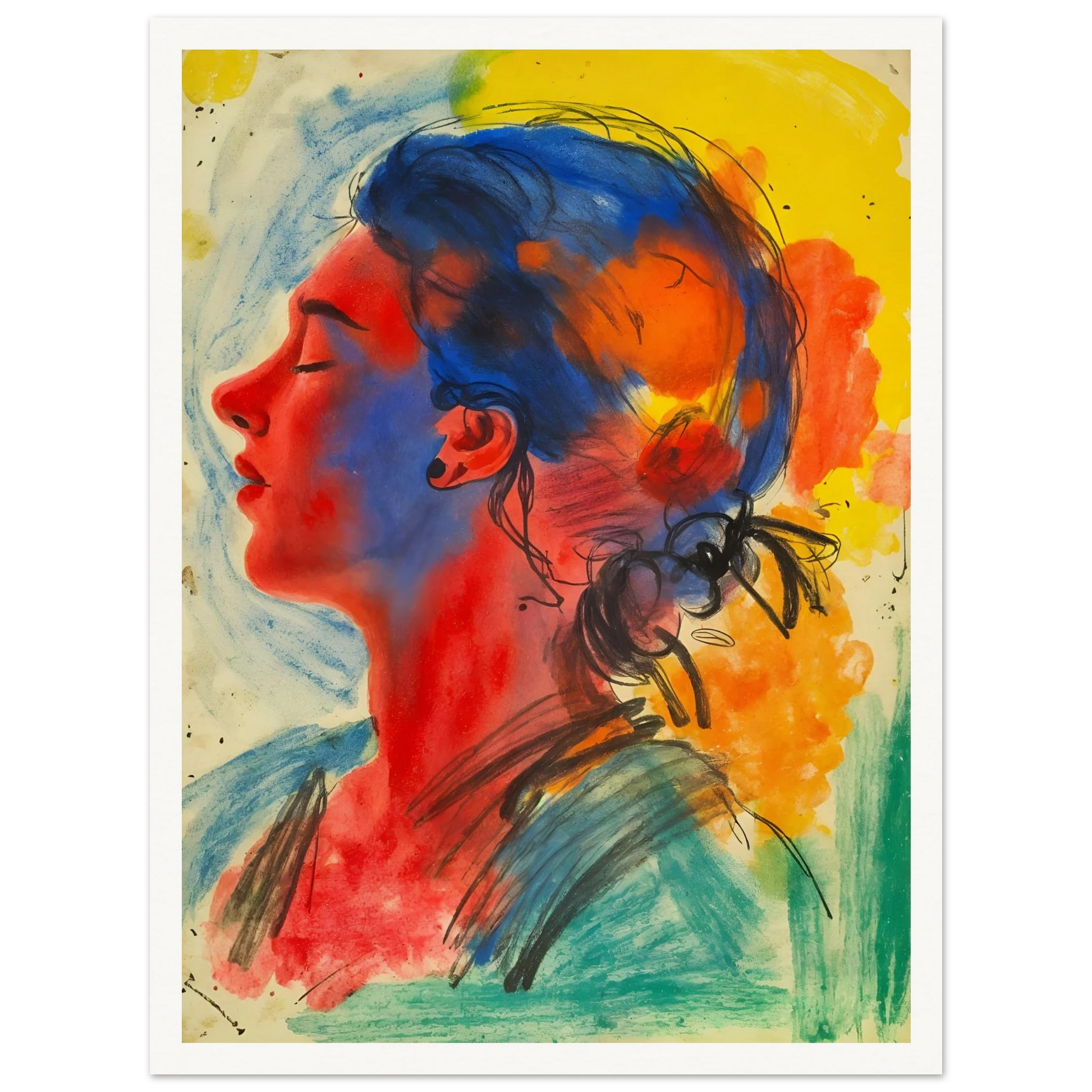 Vivid portrait of a serene woman in profile rendered with expressive blue, red, yellow, and orange washes against a luminous backdrop.