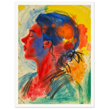 Vivid portrait of a serene woman in profile rendered with expressive blue, red, yellow, and orange washes against a luminous backdrop.