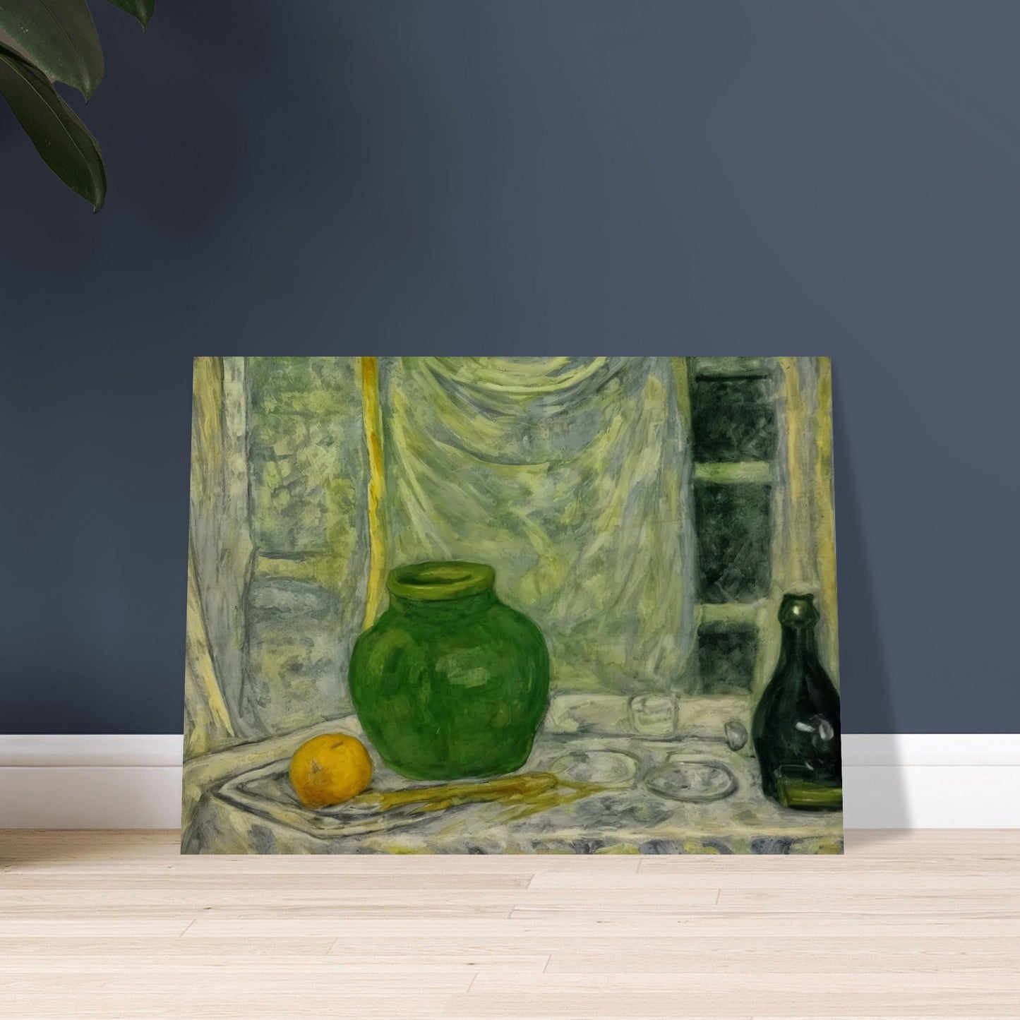 A still life painting featuring a green vase and bottle, alongside an orange on a draped table, set against a softly textured background.