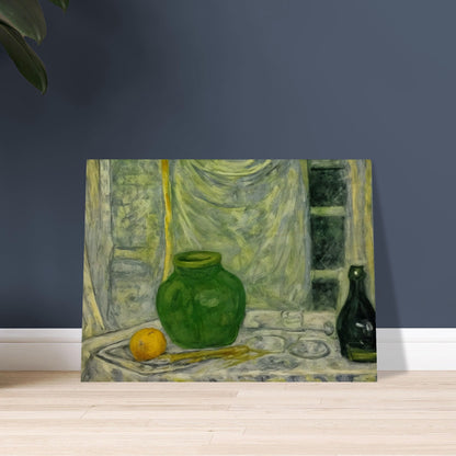 A still life painting featuring a green vase and bottle, alongside an orange on a draped table, set against a softly textured background.