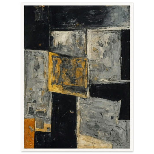 An abstract painting featuring layered blocks of gray, black, and yellow with a textured, rugged surface.