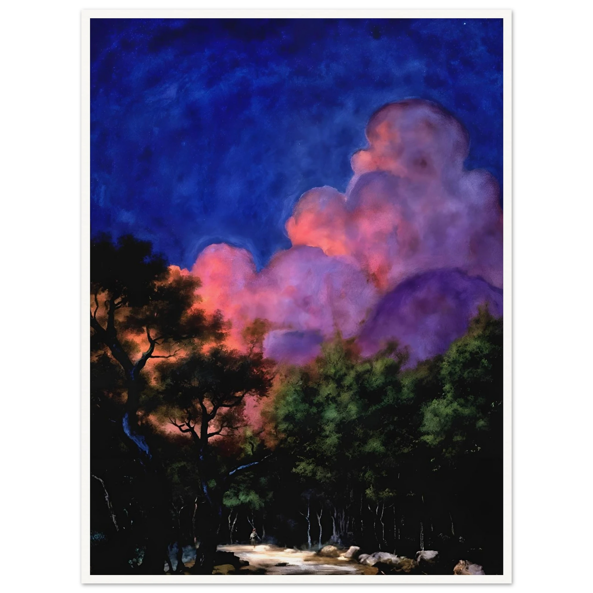 Dreamlike night landscape with deep blue sky, glowing pink clouds, shadowed trees, and luminous forest path beneath radiant twilight.