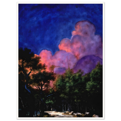 Dreamlike night landscape with deep blue sky, glowing pink clouds, shadowed trees, and luminous forest path beneath radiant twilight.
