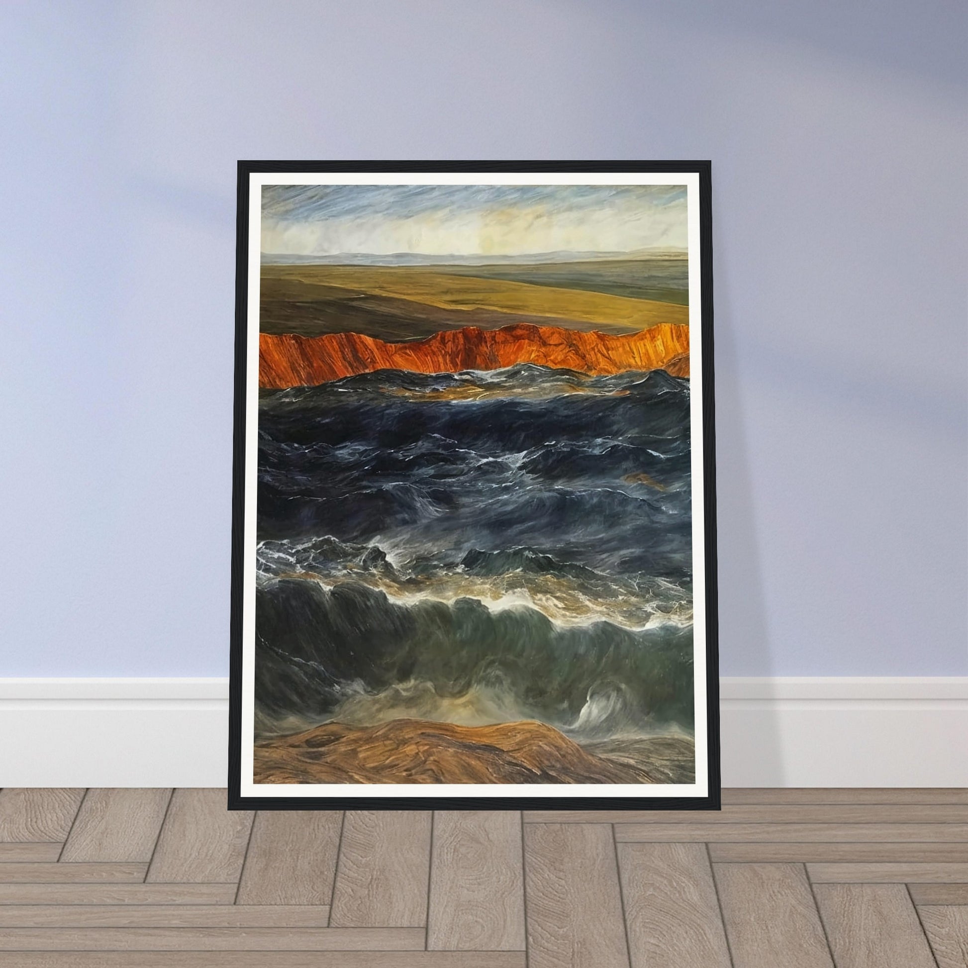 A powerful scene of crashing waves against a rocky coastline with orange cliffs and open fields in the background.