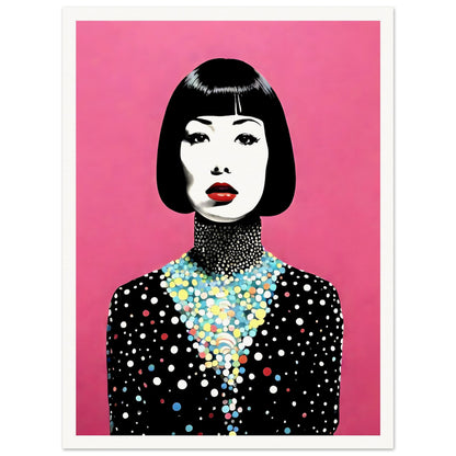 Striking portrait of a woman with a short black bob hairstyle, vivid red lips, and a polka-dotted dress against a vibrant pink background.