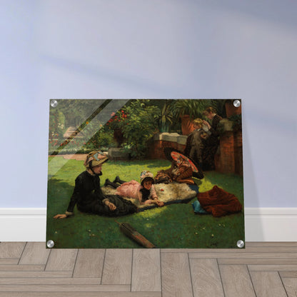 Children and women lounge in a garden with a colorful parasol under bright sunlight