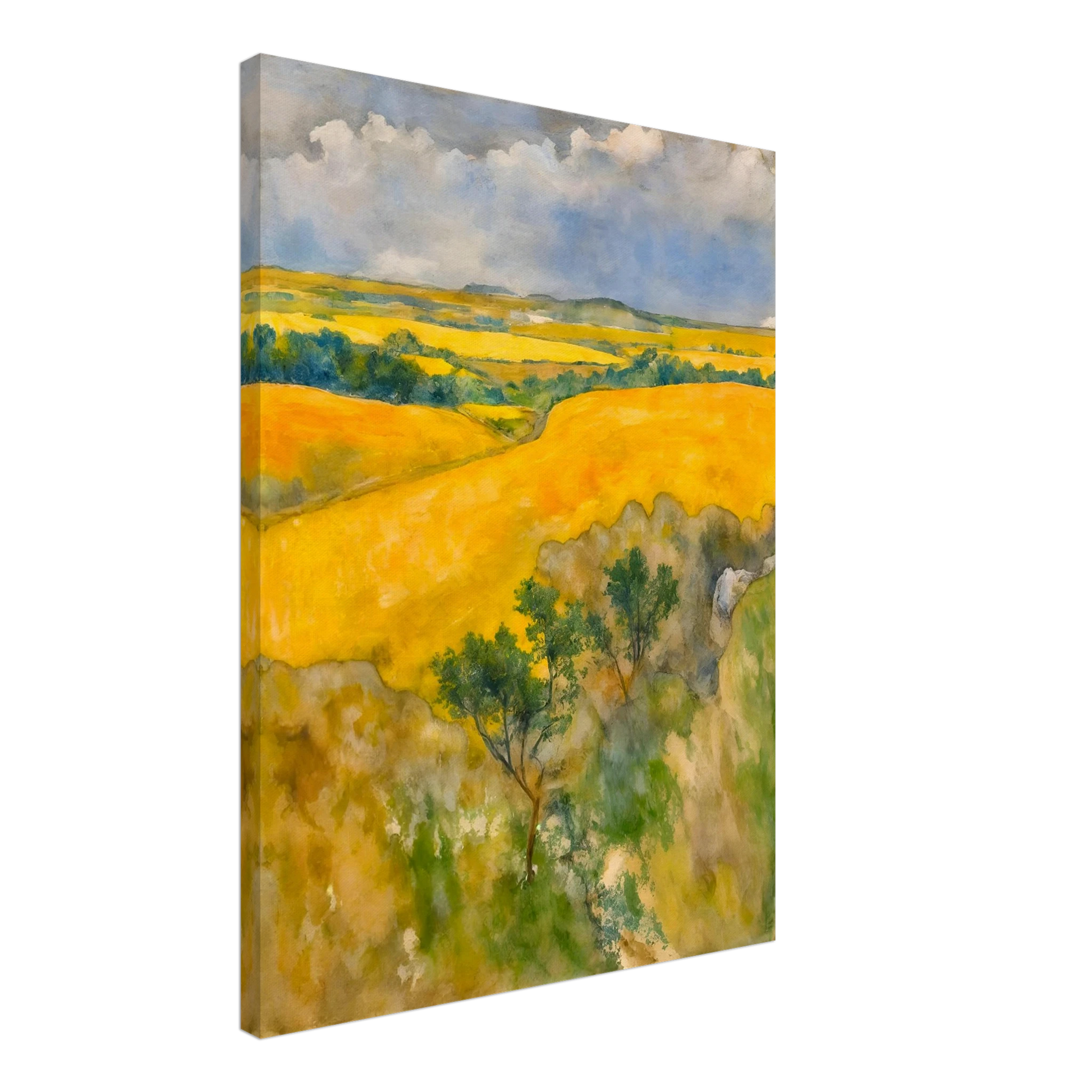 Golden fields stretch across rolling hills under a blue and cloudy sky, with trees dotting the lush summer landscape.