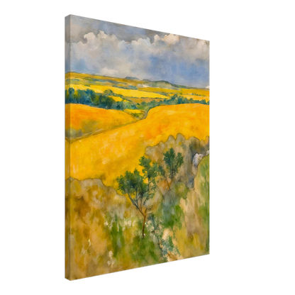 Golden fields stretch across rolling hills under a blue and cloudy sky, with trees dotting the lush summer landscape.