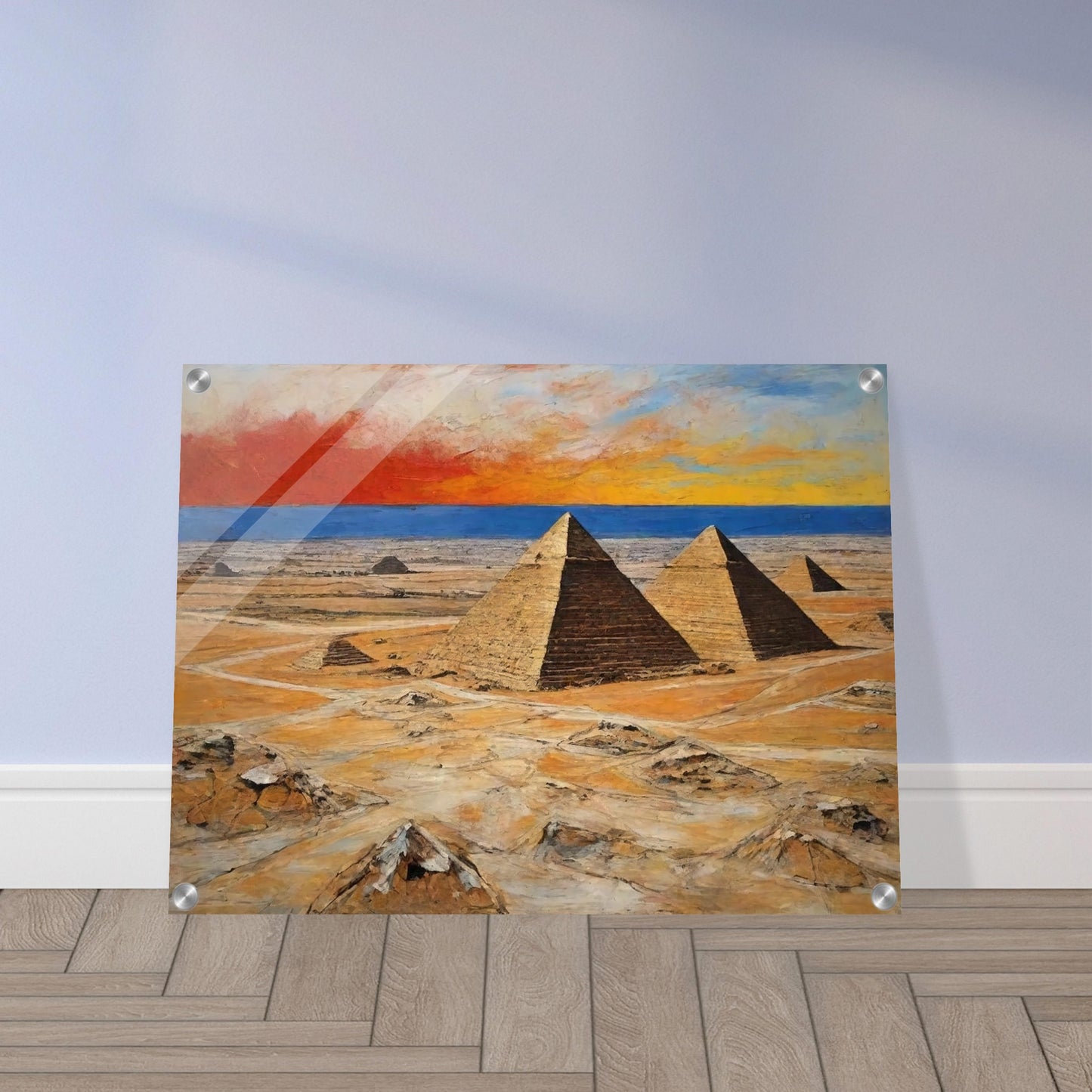 "A dramatic painting of the pyramids in Egypt, set against a vibrant sunset sky with rich shades of red, orange, and blue, highlighting the vast desert landscape."