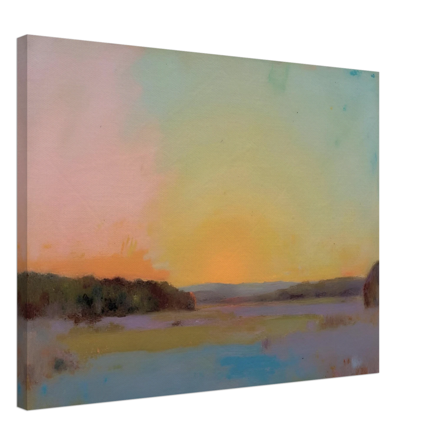 A pastel-toned sunrise casts soft pink, yellow, and blue hues over tranquil open fields bordered by distant trees.