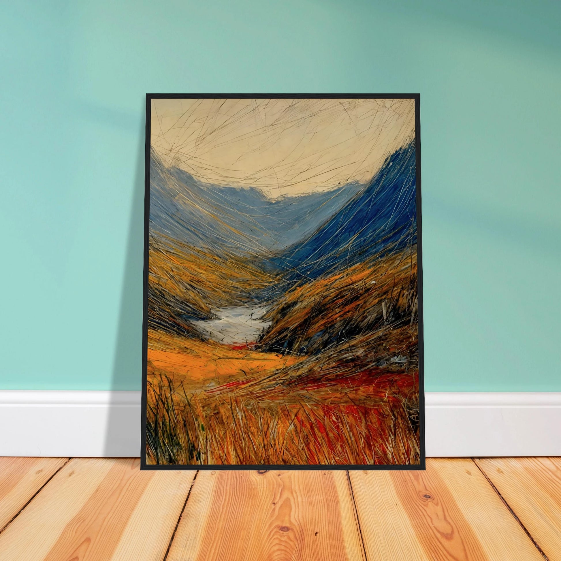 Windswept valley of golden grasses and deep blue mountains painted with vivid, dynamic strokes under a pale sky.