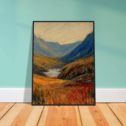 Windswept valley of golden grasses and deep blue mountains painted with vivid, dynamic strokes under a pale sky.