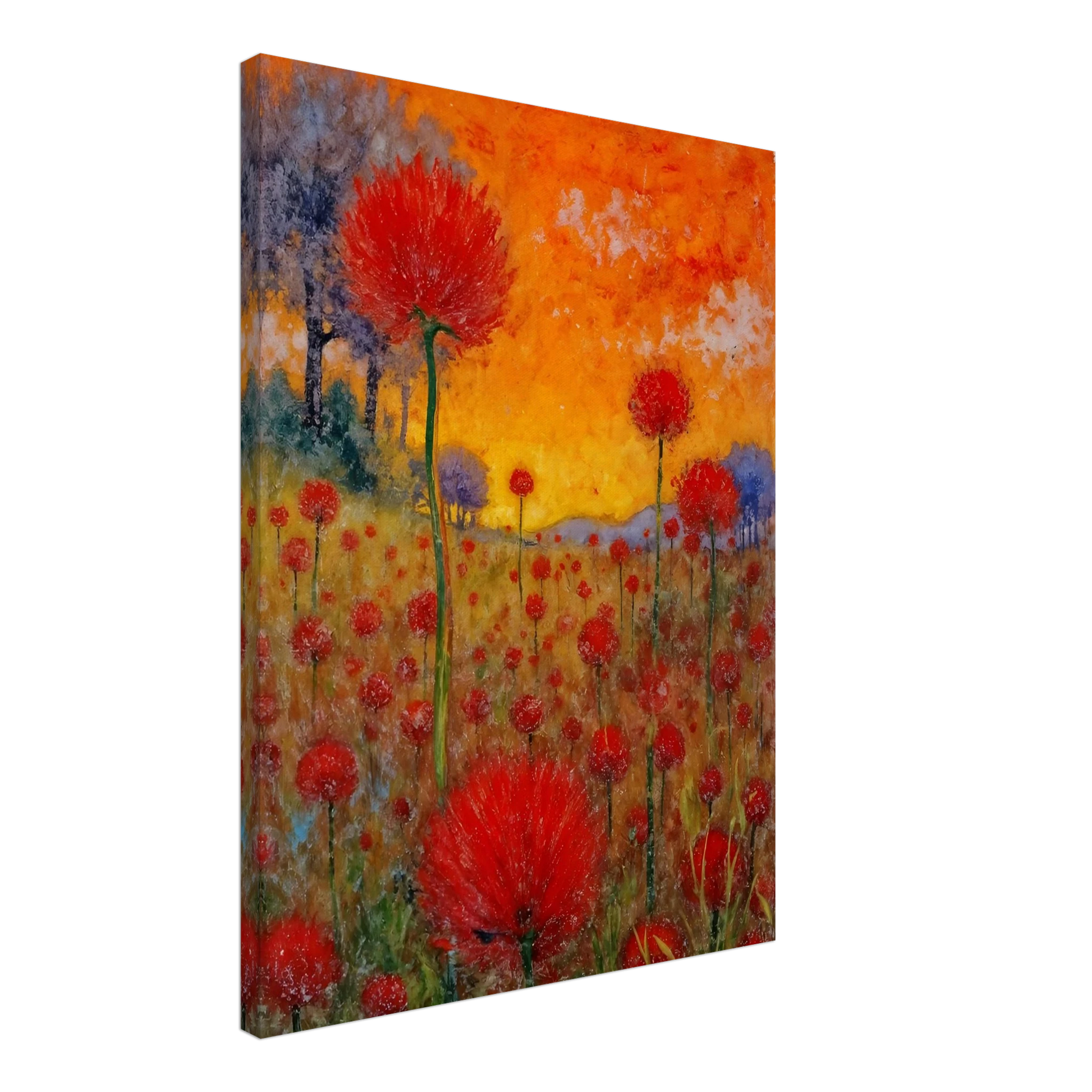 A radiant field of red blossoms under a glowing orange sky, blending vibrant warmth with a dreamy sense of renewal.