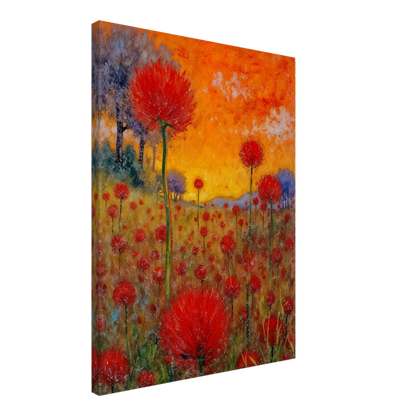 A radiant field of red blossoms under a glowing orange sky, blending vibrant warmth with a dreamy sense of renewal.