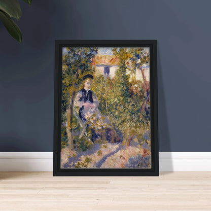 A woman sits in a flower-filled garden, surrounded by loose, colorful brushstrokes.