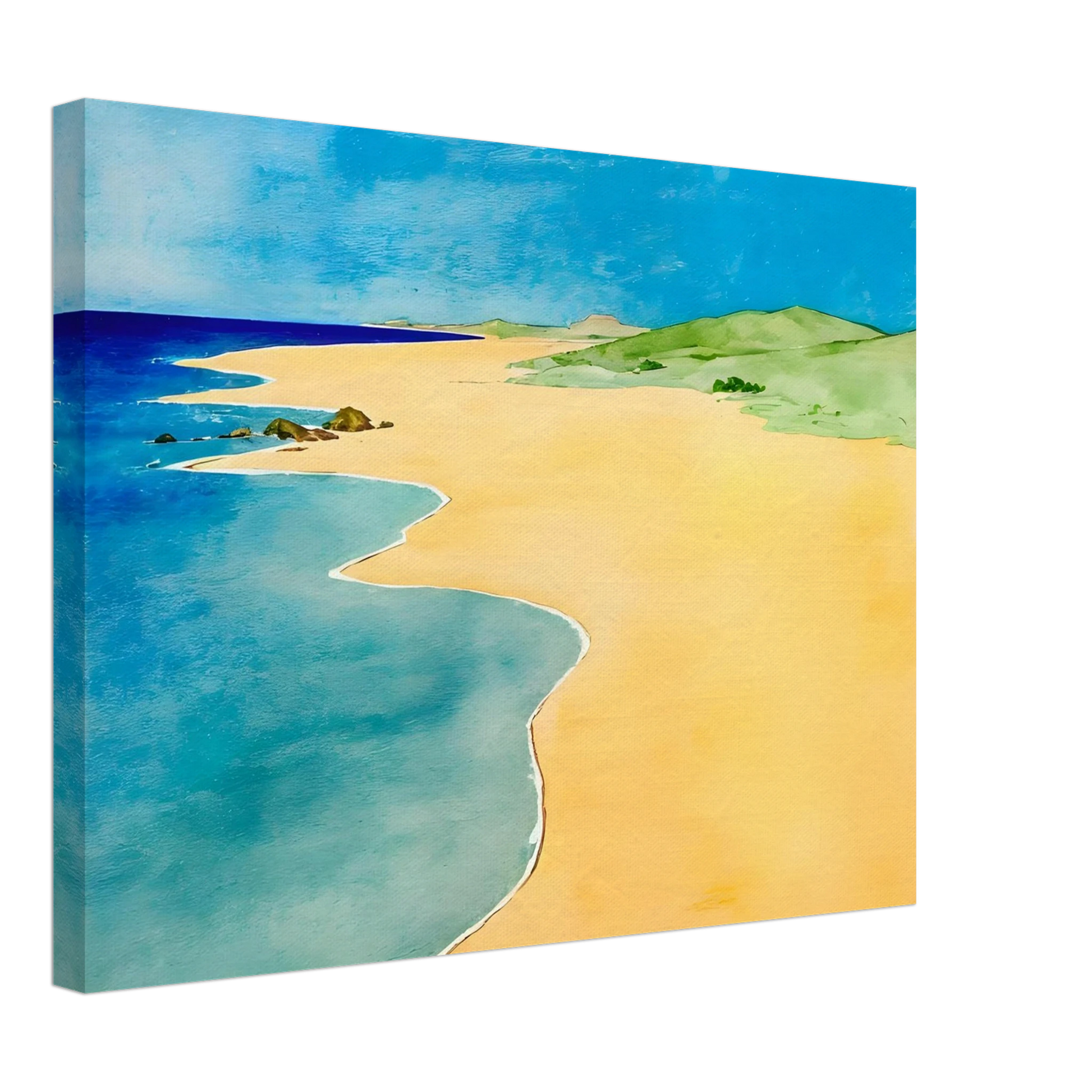 A calm beach scene with golden sand, turquoise waves, and green hills under a bright blue summer sky.