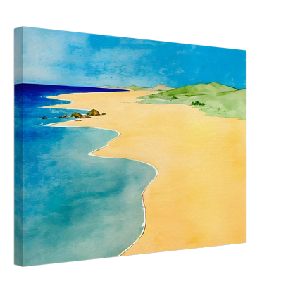 A calm beach scene with golden sand, turquoise waves, and green hills under a bright blue summer sky.