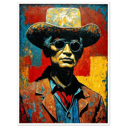 A bold, textured portrait of a cowboy in a weathered hat and sunglasses, set against a vibrant red, yellow, and blue background.