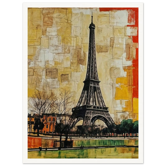 A stylized depiction of the Eiffel Tower against a backdrop of textured beige and orange hues, capturing the essence of Paris's iconic structure.