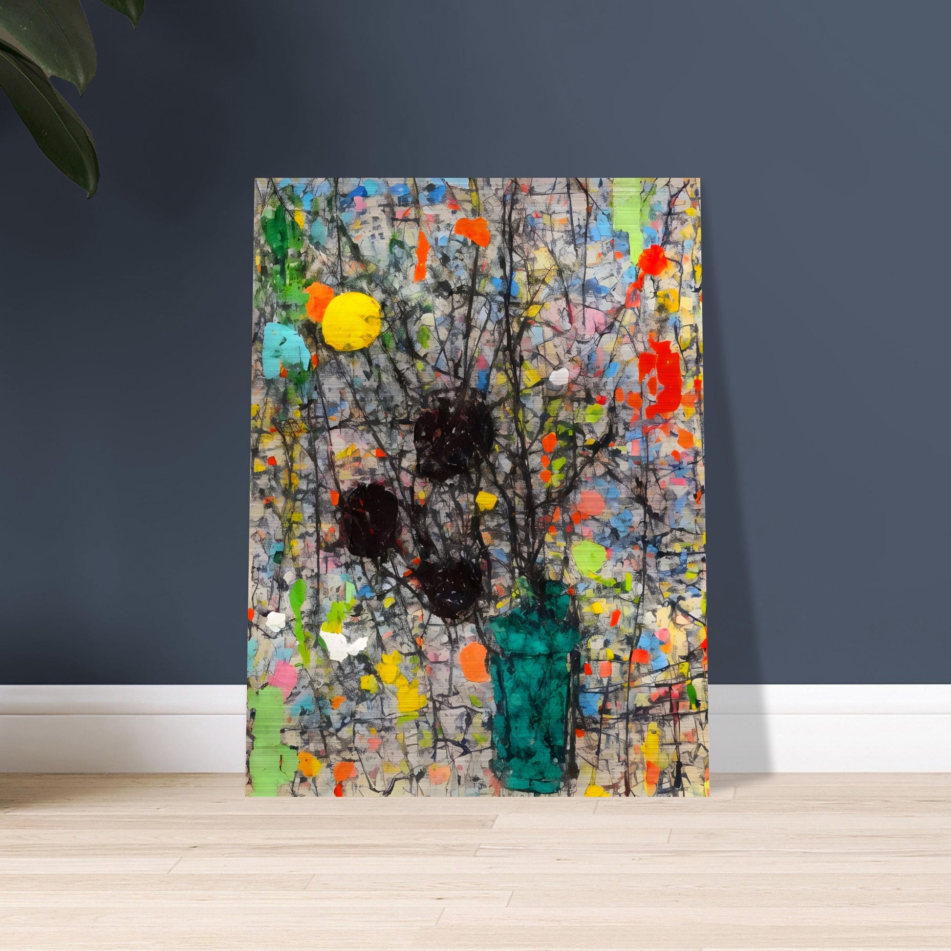 An abstract floral painting with a dark vase and branches, set against a textured, colorful background with splashes of red, yellow, and blue.