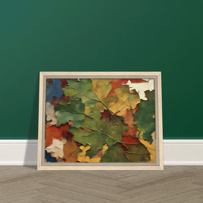 A textured painting of autumn leaves in vibrant shades of green, yellow, red, and orange, arranged in a layered, dynamic composition.