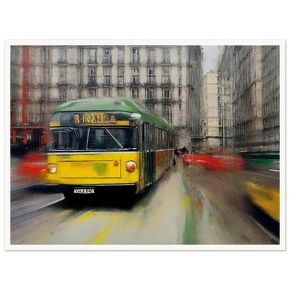 "A dynamic painting of a yellow and green tram speeding through a busy city street, with blurred surroundings capturing the movement of urban life."