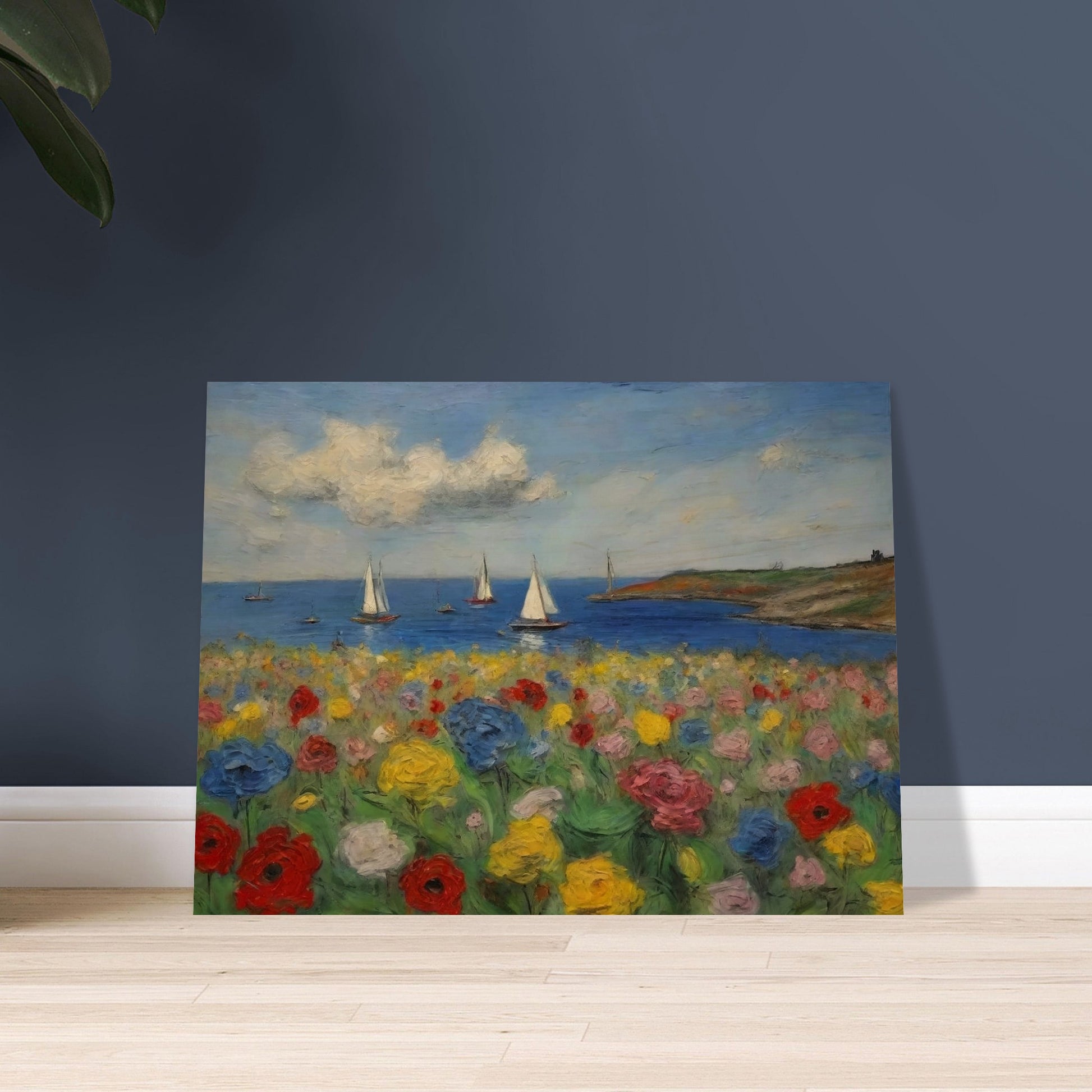 A vibrant painting of colorful flowers in the foreground with sailboats on the calm sea and a scenic coastline in the background.