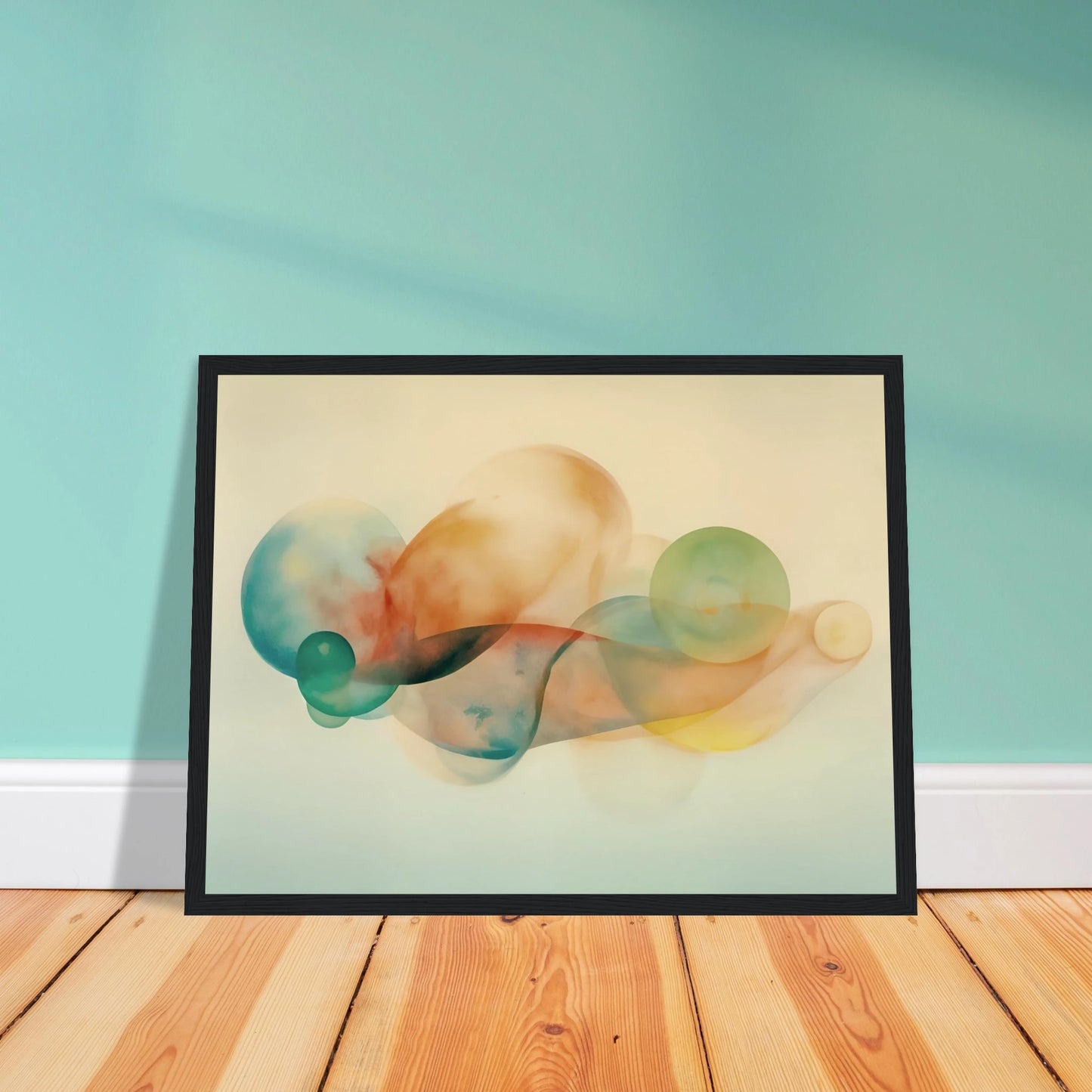 Translucent pastel spheres and flowing organic shapes overlap in airy layers of teal, peach, gold, and mist on a serene light backdrop.