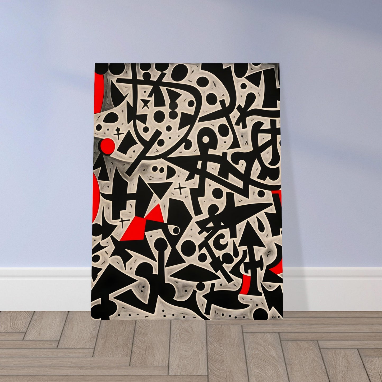 A bold geometric composition featuring black and white abstract symbols, circles, and lines, accented with striking red shapes.