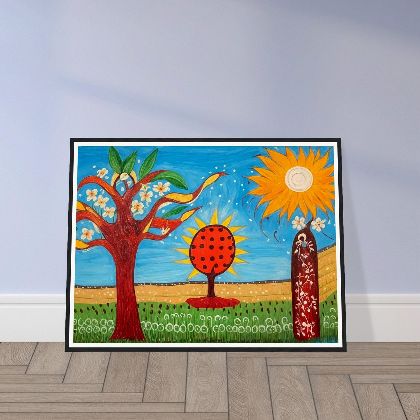 A whimsical, colorful landscape painting featuring blossoming trees, a bright orange tree with black dots, a large radiant sun, and a figure standing amidst flowers, evoking joy and fantasy.