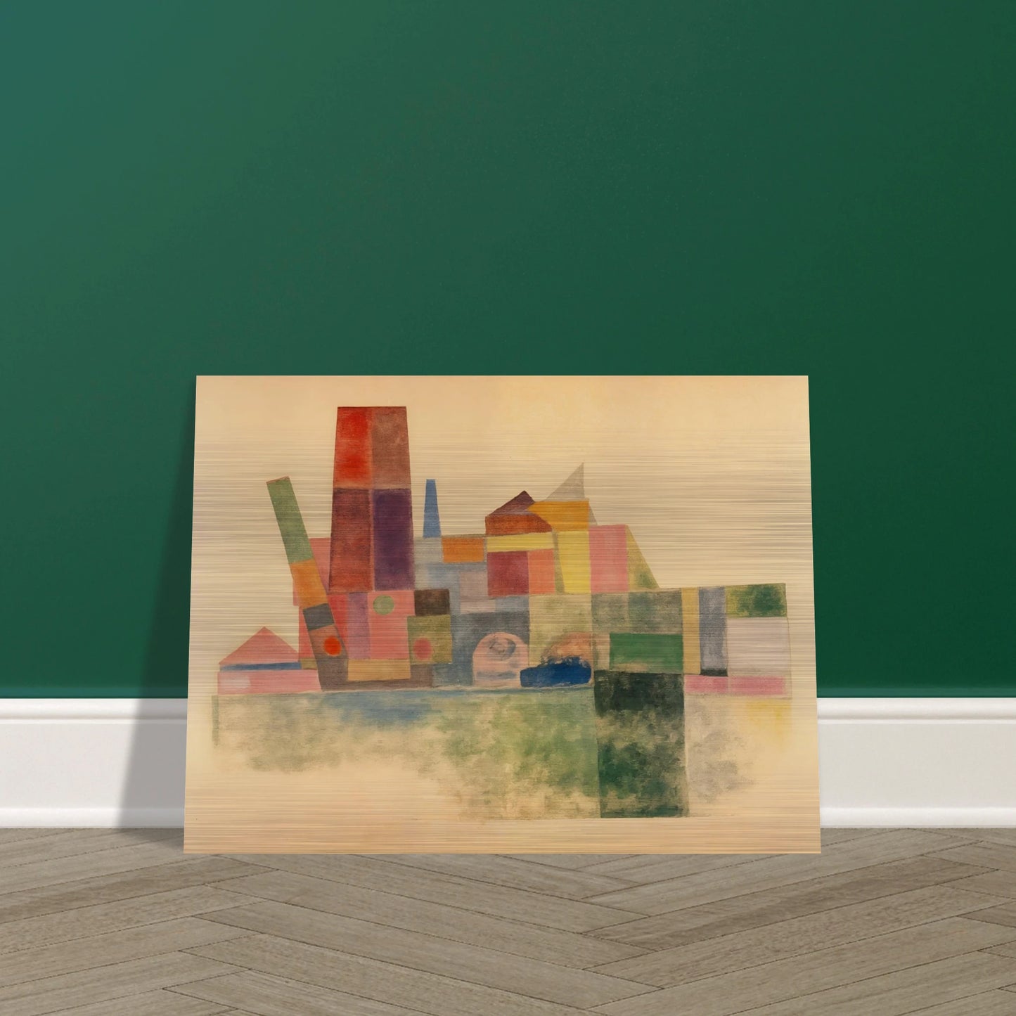 A pastel-toned cityscape made of overlapping geometric blocks in soft reds, greens, yellows, and blues against a beige backdrop.