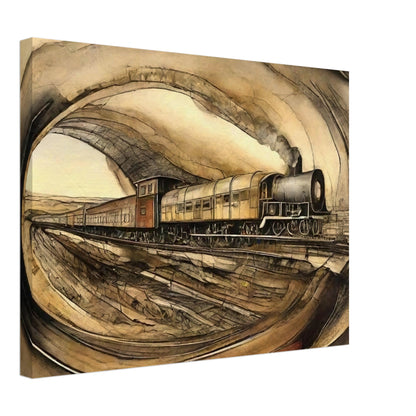 "A detailed painting of a steam engine train traveling through a tunnel, with a sepia-toned landscape surrounding the scene, evoking a sense of vintage travel."