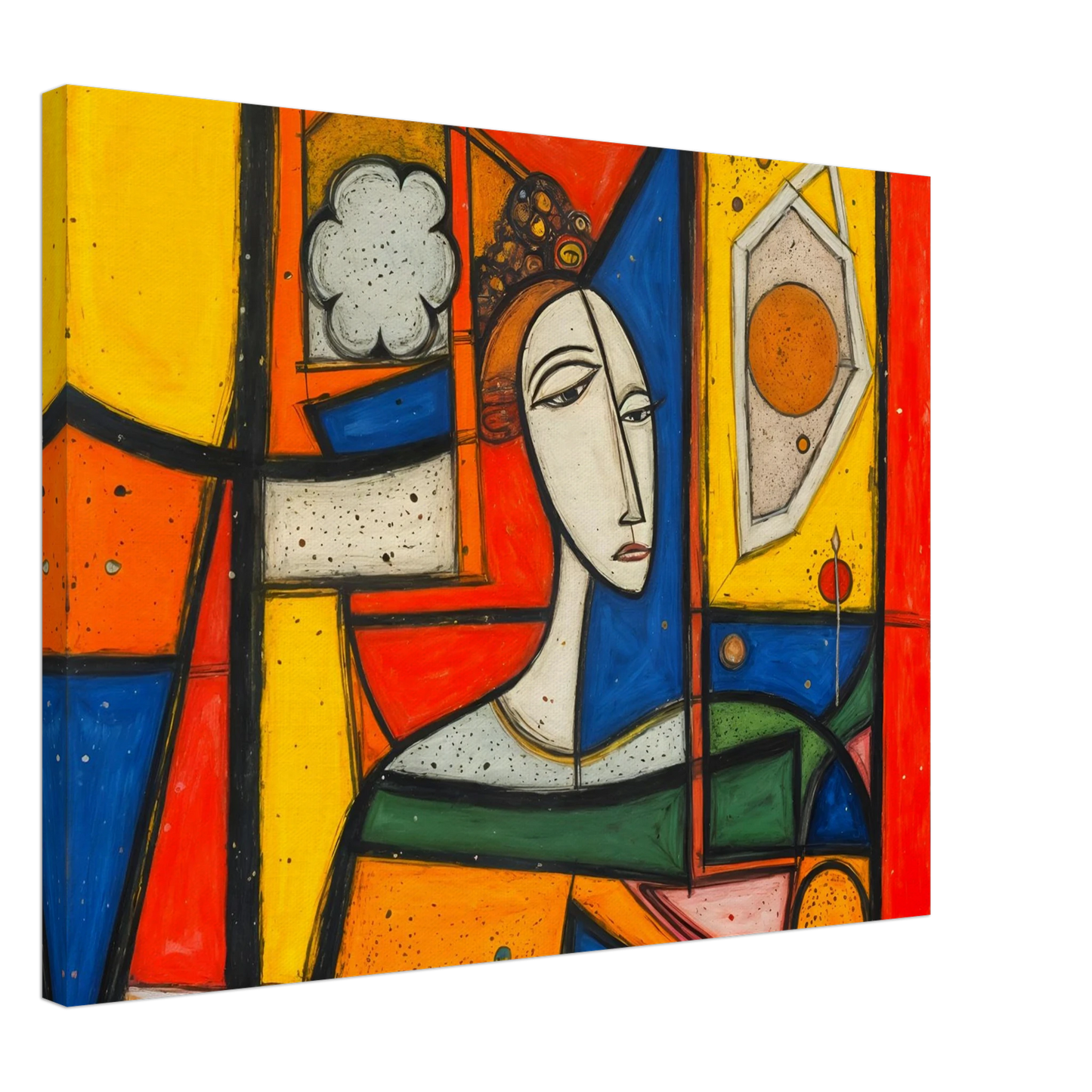 A bold cubist portrait of a woman framed by vivid red, yellow, blue, and green panels with striking geometric forms.
