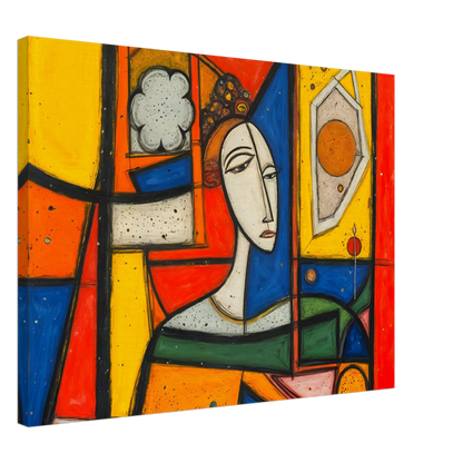 A bold cubist portrait of a woman framed by vivid red, yellow, blue, and green panels with striking geometric forms.