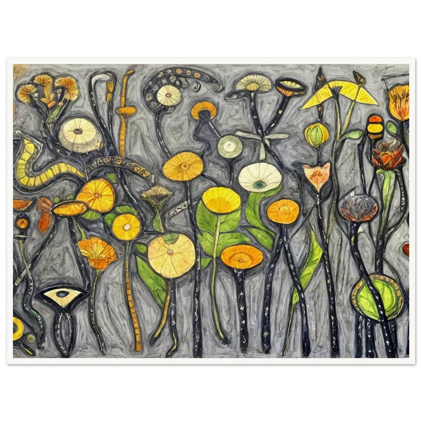 A whimsical painting of abstract flowers and plants in vibrant shades of yellow, orange, and green, set against a textured gray background.