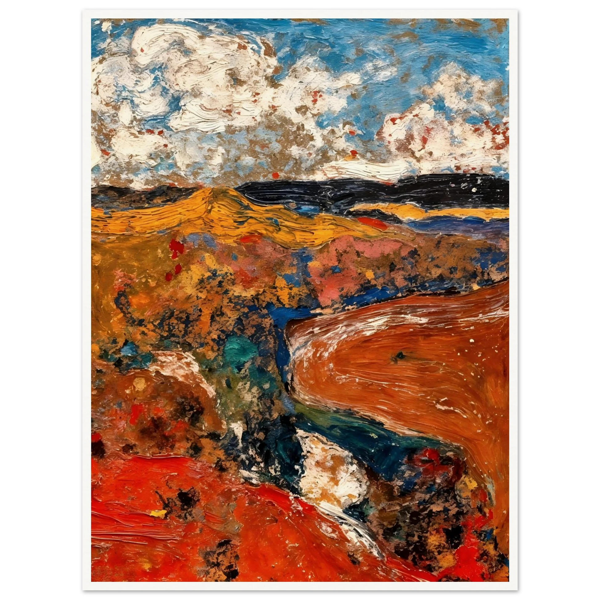 A richly textured abstract landscape featuring vivid red and orange earth tones, deep blue waterways, rolling golden fields, and dramatic cloud-filled skies rendered with expressive brushwork.