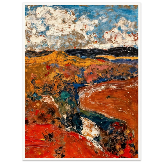 A richly textured abstract landscape featuring vivid red and orange earth tones, deep blue waterways, rolling golden fields, and dramatic cloud-filled skies rendered with expressive brushwork.