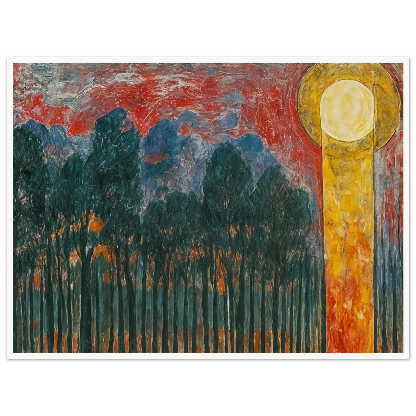 A vibrant painting of a forest with dark trees under a dramatic red and blue sky, with a glowing yellow sun.